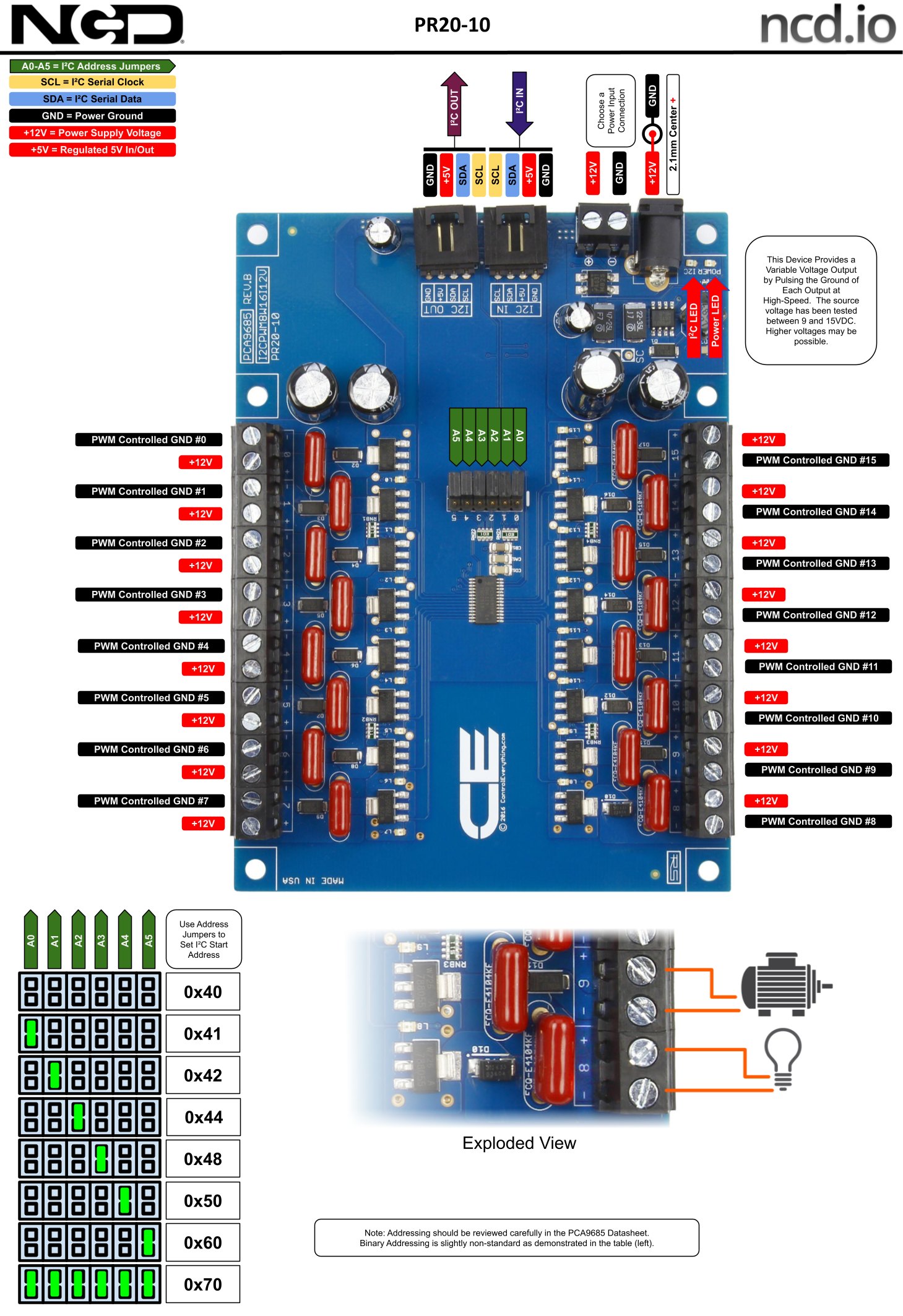 NCD PR20-10 - 밸브 컨트롤러 기판의 I2C 주소와 단자 설명도