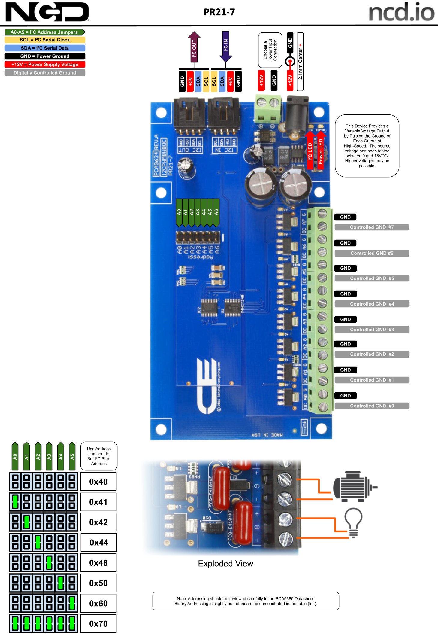 NCD PR21-7 - PWM 드라이버 기판의 I2C 주소와 단자 설명도