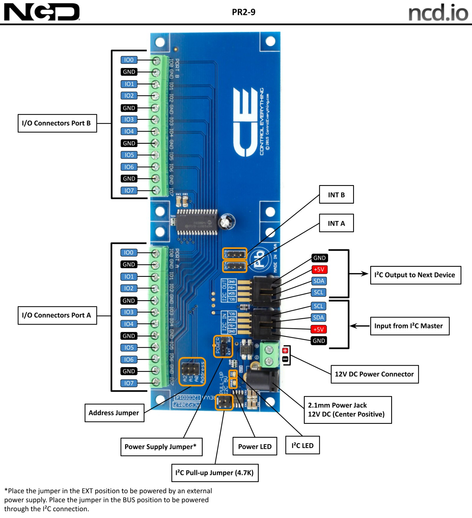 NCD MCP23017 I2C 인터페이스가있는 16 채널 GPIO 디지털 입력 출력 - GPIO 확장 기판의 입출력 포트와 점퍼 위치 설명도