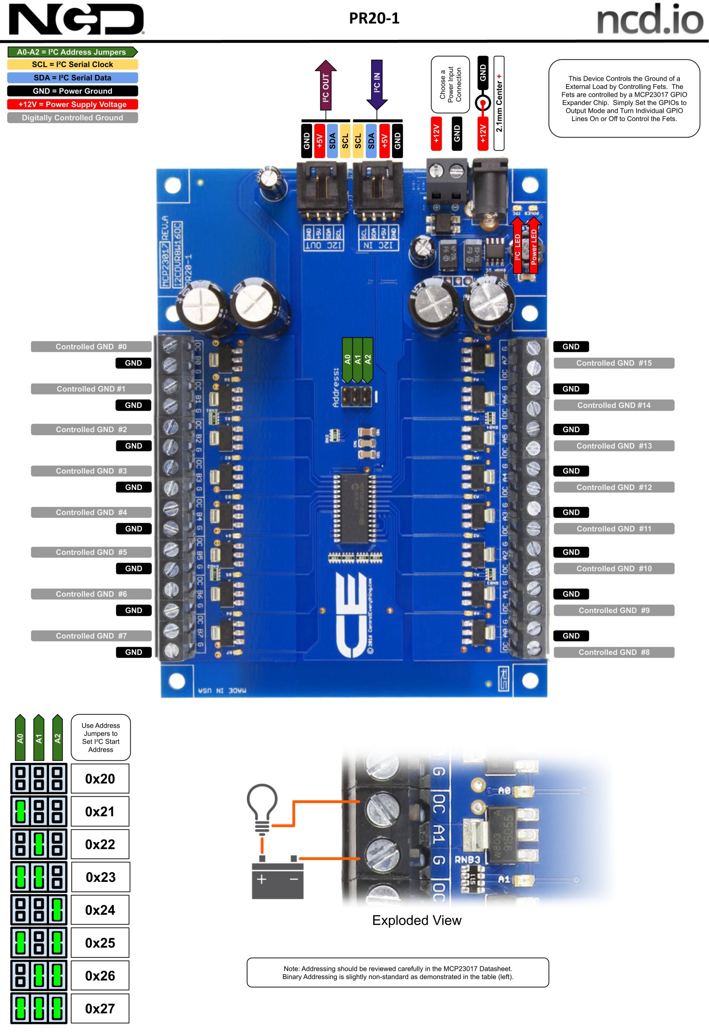 NCD PR20-1 - FET 드라이버 기판의 I2C 주소와 단자 설명도