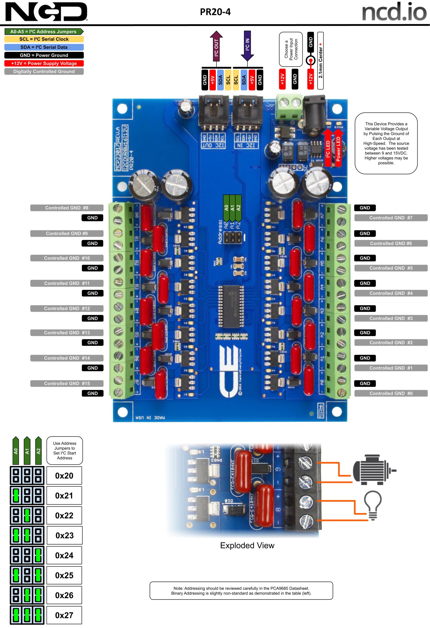 NCD MCP23017 I2C 인터페이스가있는 16 채널 8W 12V FET 솔레노이드 드라이버 밸브 컨트롤러 - 솔레노이드 드라이버 기판의 I2C 주소와 단자 설명도