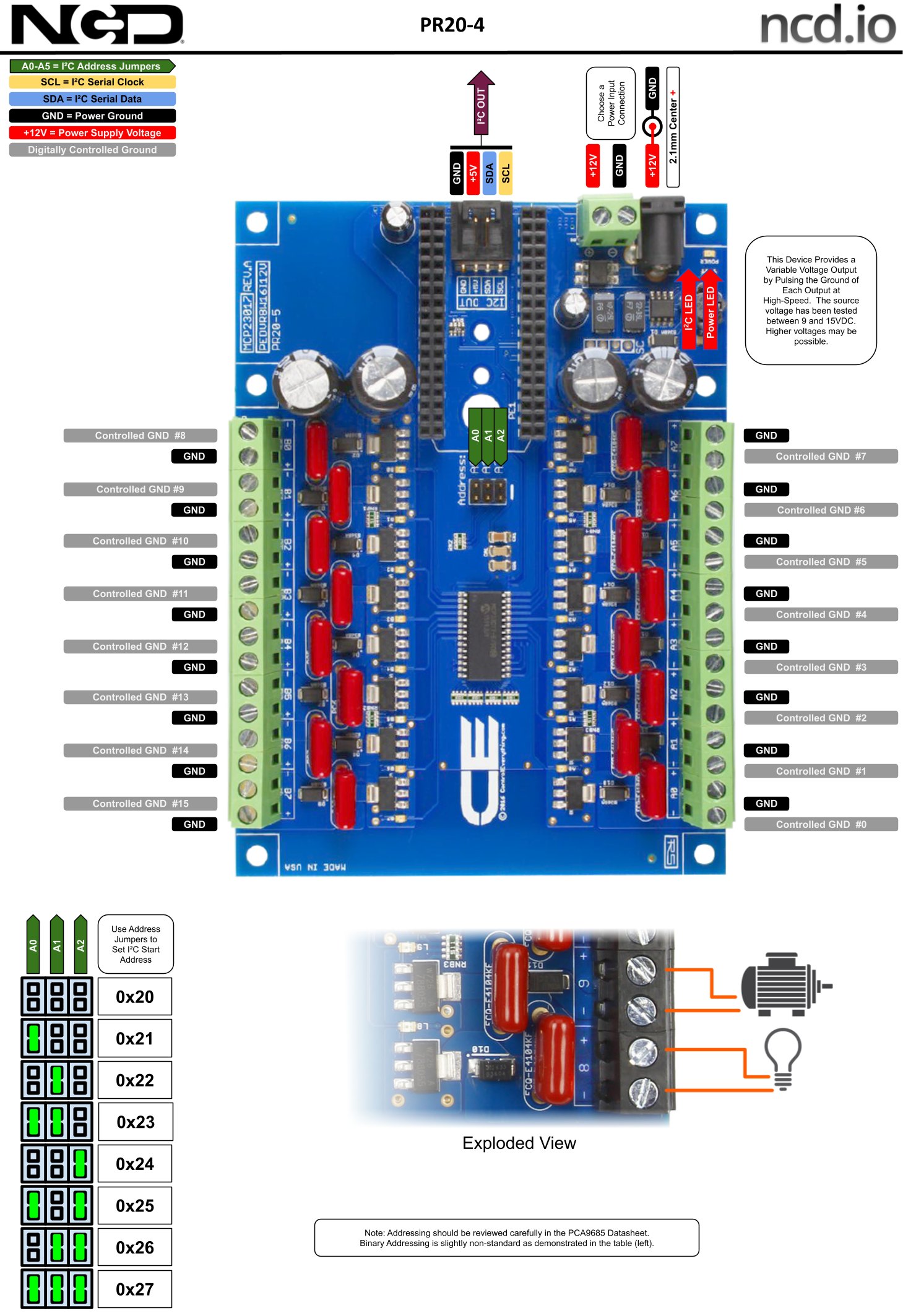 NCD MCP23017 IoT 인터페이스가있는 16 채널 8W 12V FET 솔레노이드 드라이버 밸브 컨트롤러 - 솔레노이드 드라이버 기판의 단자와 연결 구성도