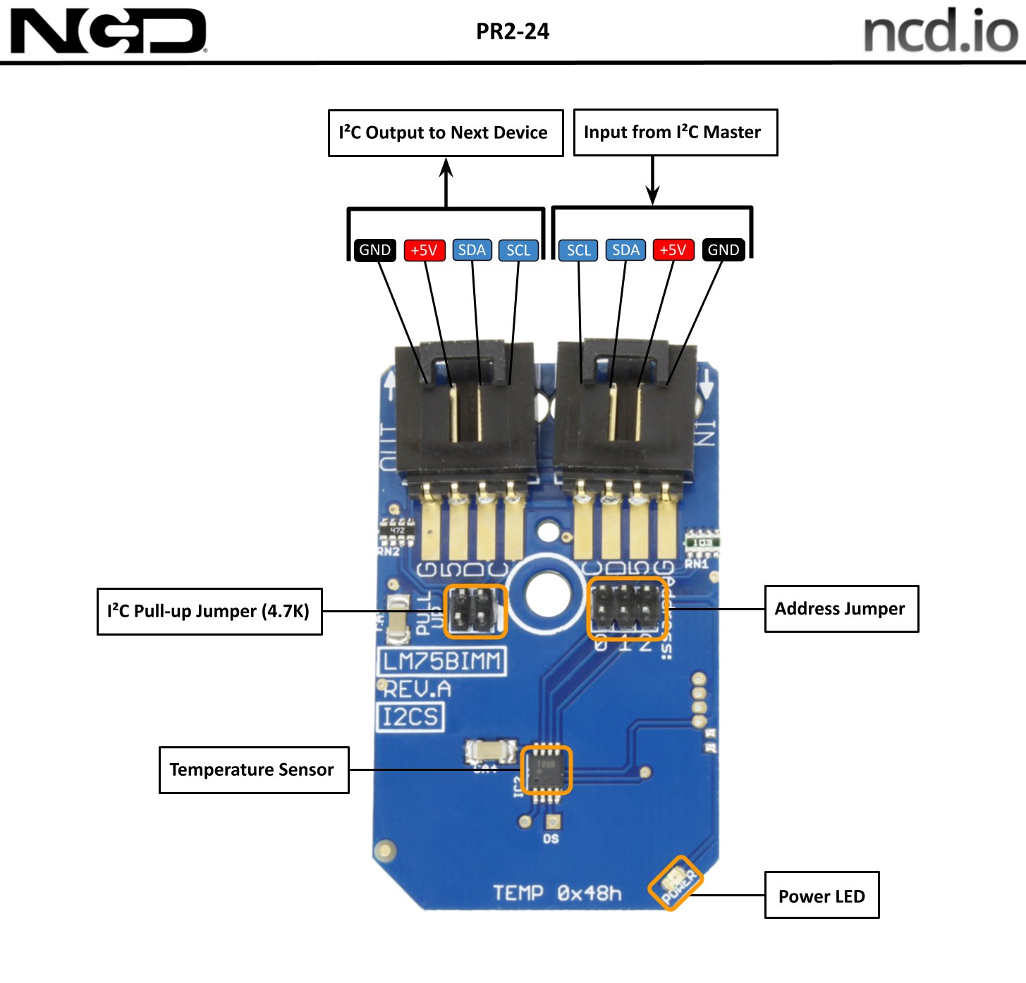 NCD PR2-24 - 온도 센서 미니 모듈의 연결부와 점퍼 위치 설명도