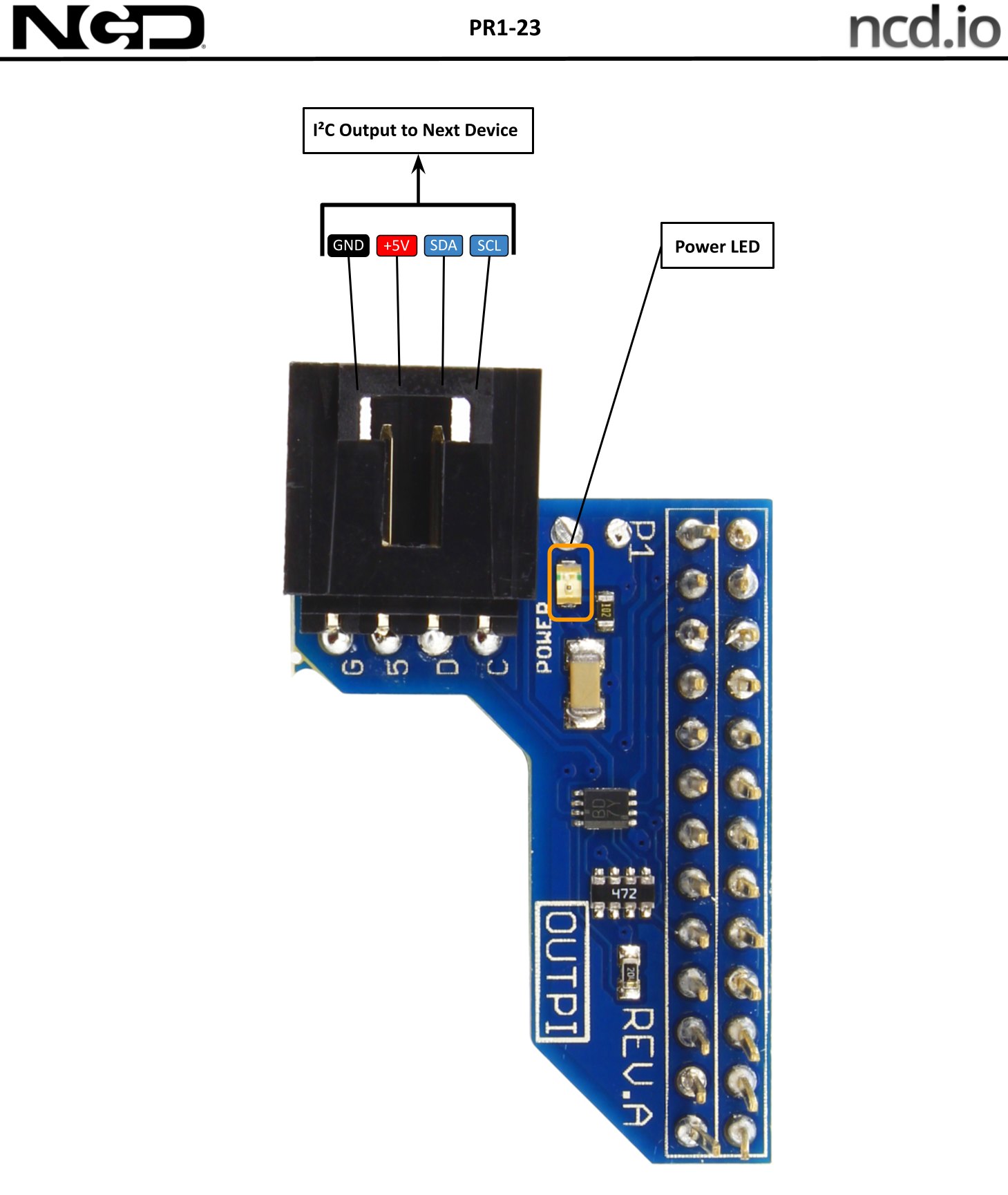 NCD PR1-23 - I2C 실드 기판의 포트와 전원 표시등 위치 설명도