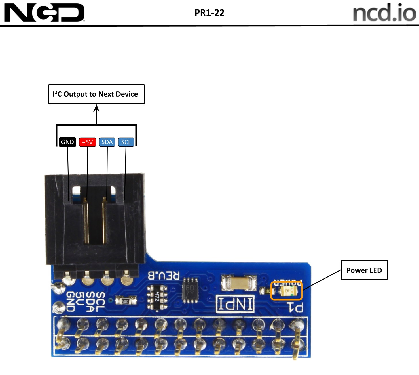 NCD PR1-22 - I2C 실드 기판의 포트와 전원 표시등 위치 설명도