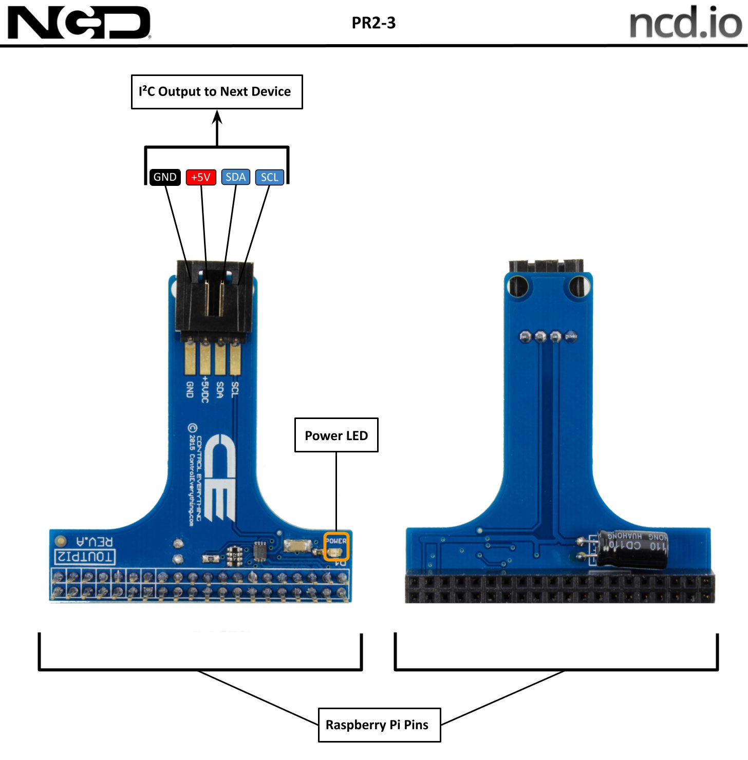 NCD PR2-3 - 라즈베리 파이용 I2C 실드의 핀 연결부와 표시등 위치