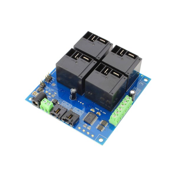 NCD 4 채널 고전력 릴레이 컨트롤러 + 4 GPIO (I2C 인터페이스 포함) - 릴레이 네 개와 녹색 단자대가 있는 컨트롤러 기판