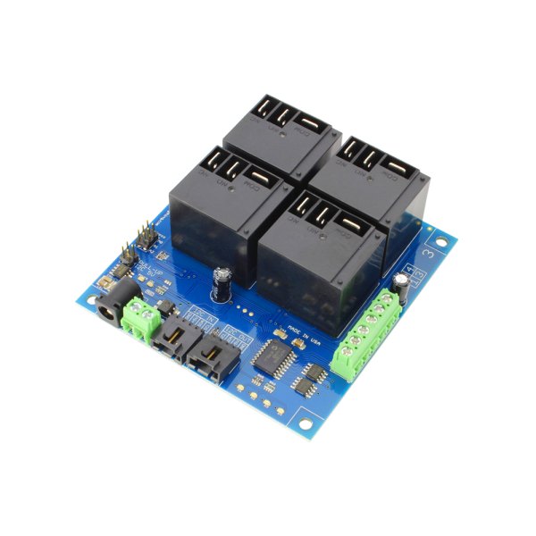 NCD 4 채널 고전력 릴레이 컨트롤러 + 4 GPIO (I2C 인터페이스 포함) - 릴레이 4개와 전원 잭, 단자대가 보이는 컨트롤러