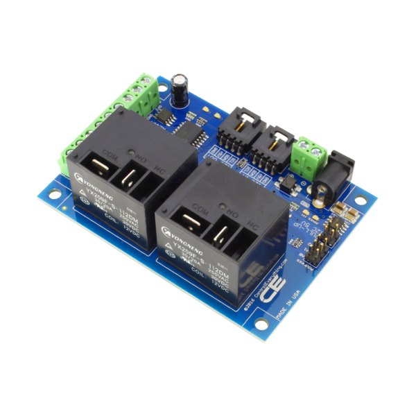 NCD MCP23008 I2CIO6R2x0 2 채널 고전력 릴레이 컨트롤러 + I2C 인터페이스가있는 GPIO 6 개 - 릴레이와 녹색 단자대를 다른 각도에서 본 컨트롤러