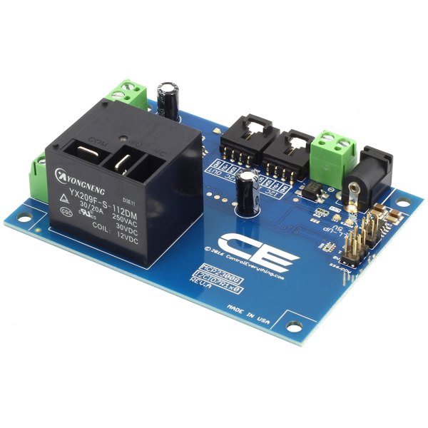 NCD 1 채널 고전력 릴레이 컨트롤러 + 7 GPIO (I2C 인터페이스 포함) - 릴레이와 핀 헤더가 보이는 컨트롤러를 정면에서 본 모습