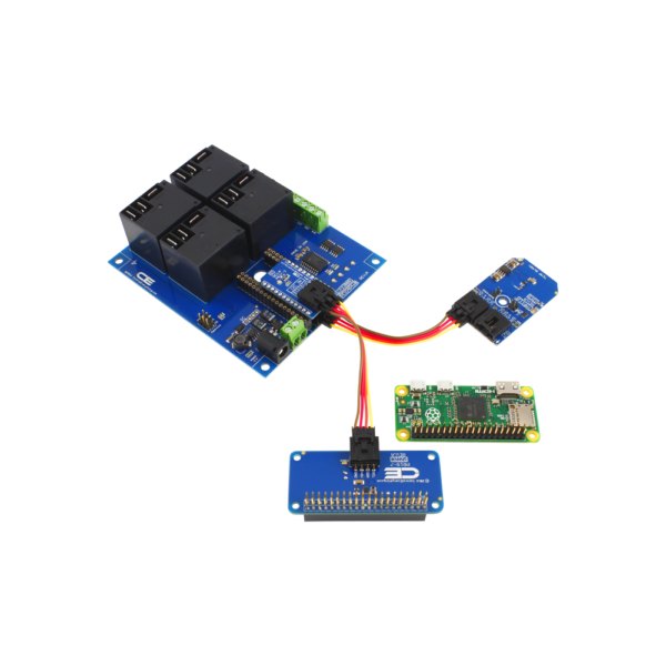 NCD 4 채널 고전력 릴레이 컨트롤러 실드 + 4 GPIO (IoT 인터페이스 포함) - 릴레이 컨트롤러에 센서와 라즈베리 파이 제로를 연결한 모습