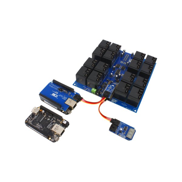 NCD IoT 인터페이스가있는 16 채널 고전력 릴레이 컨트롤러 실드 - 비글본 보드와 센서를 릴레이 컨트롤러에 연결한 모습