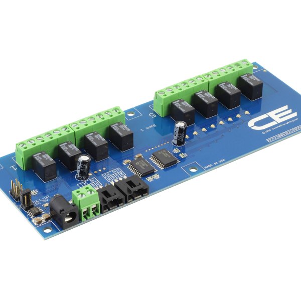 NCD I2C 인터페이스가있는 8 채널 1A SPDT 신호 릴레이 컨트롤러 - 녹색 단자대와 신호 릴레이가 늘어선 8채널 컨트롤러
