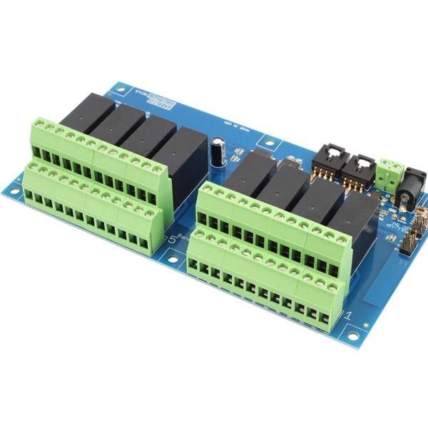 NCD I2C 인터페이스가있는 8 채널 DPDT 신호 릴레이 컨트롤러 - 양쪽 단자대와 릴레이가 보이는 컨트롤러 기판
