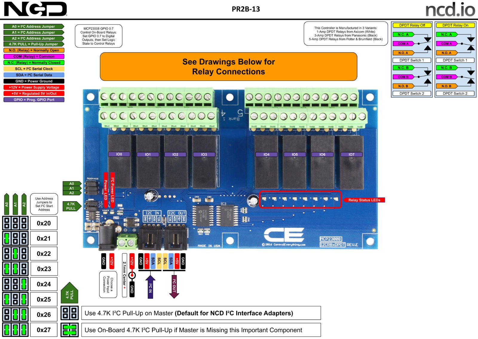 NCD I2C 인터페이스가있는 8 채널 DPDT 신호 릴레이 컨트롤러 - 8채널 릴레이 컨트롤러의 릴레이 연결 구성도