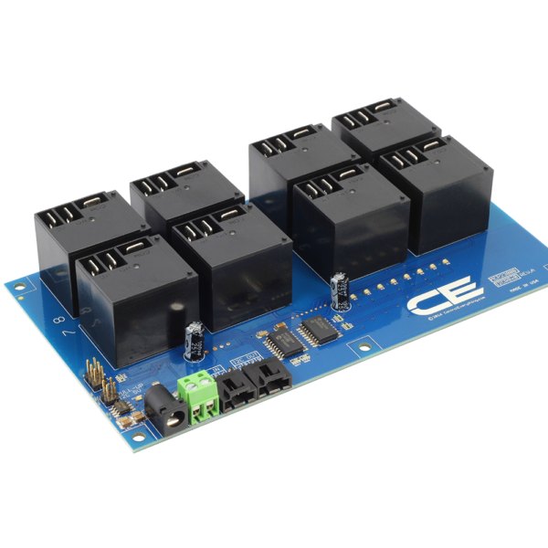 NCD I2C 인터페이스가있는 8 채널 고전력 릴레이 컨트롤러 - 릴레이 8개와 전원 잭이 보이는 컨트롤러 기판