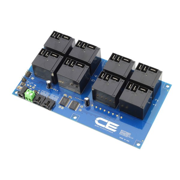 NCD I2C 인터페이스가있는 8 채널 고전력 릴레이 컨트롤러 - 릴레이와 단자대, I2C 커넥터가 보이는 컨트롤러 기판