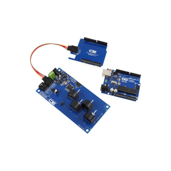 NCD I2C 인터페이스가있는 4 채널 온보드 95 % 정확도 20A AC 전류 모니터 - 전류 센서 기판을 아두이노 우노와 쉴드에 연결한 모습