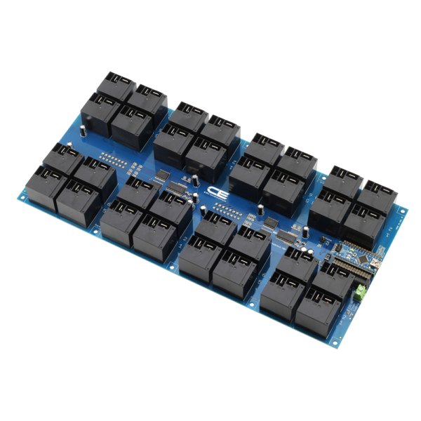 NCD I2C 인터페이스가있는 32 채널 고전력 릴레이 컨트롤러 - 대형 릴레이 32개가 배열된 컨트롤러 기판 모습