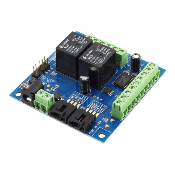 NCD 2 채널 범용 SPDT 릴레이 컨트롤러 + I2C 인터페이스가있는 GPIO 6 개 - 릴레이 두 개와 전원 잭이 보이는 기판 모습