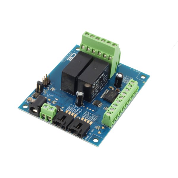 NCD 2 채널 DPDT 신호 릴레이 컨트롤러 + I2C 인터페이스가있는 GPIO 6 개 - 릴레이 두 개와 단자대가 보이는 기판 모습
