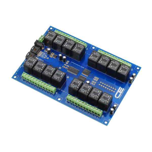 NCD I2C 인터페이스가있는 16 채널 범용 SPDT 릴레이 컨트롤러 - 릴레이와 단자대가 보이는 기판을 위에서 본 모습