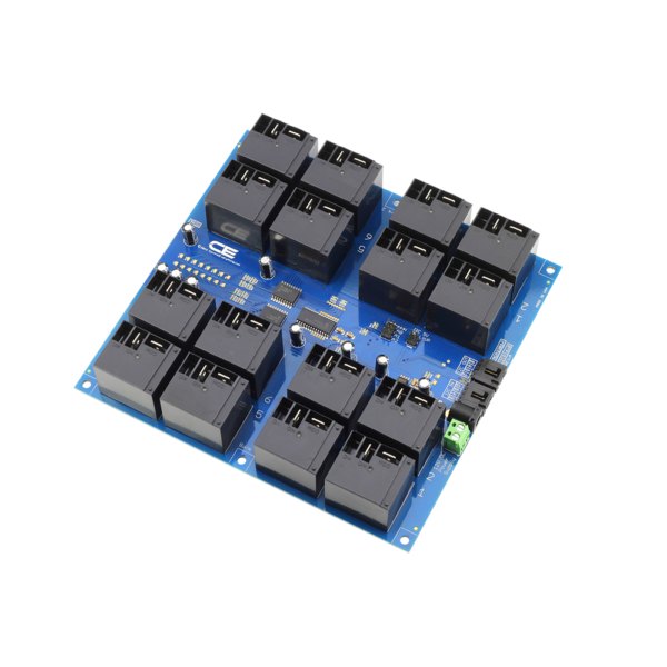 NCD I2C 인터페이스가있는 16 채널 고전력 릴레이 컨트롤러 - 대형 릴레이 16개가 실장된 기판 전체 모습