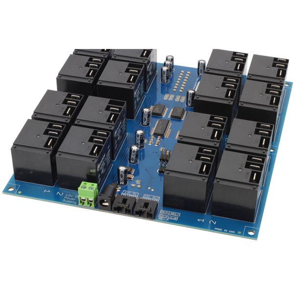 NCD I2C 인터페이스가있는 16 채널 고전력 릴레이 컨트롤러 - 대형 릴레이가 배열된 고전력 릴레이 기판 정면