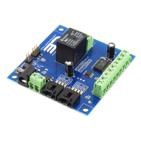 NCD 1 채널 범용 SPDT 릴레이 컨트롤러 + I2C 인터페이스가있는 GPIO 7 개 - 릴레이 한 개와 전원 잭이 보이는 기판 전면