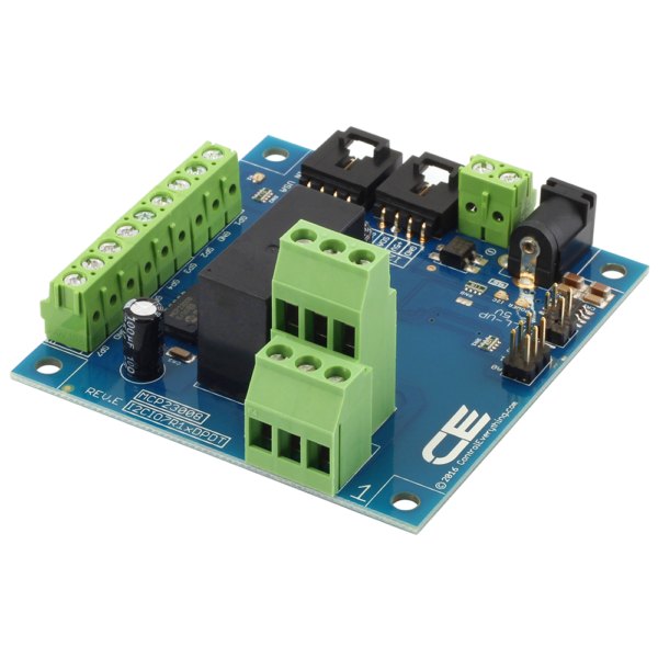 NCD 1 채널 DPDT 신호 릴레이 컨트롤러 + I2C 인터페이스가있는 GPIO 7 개 - 2열 단자대와 릴레이가 보이는 기판 정면