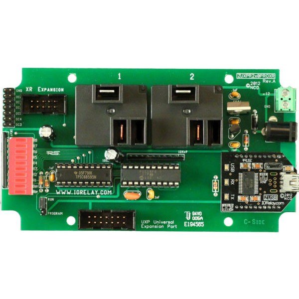 NCD ZUXPR220PROXR - 대형 릴레이 2개와 확장 포트가 보이는 릴레이 보드