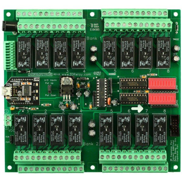 NCD ZADSR161DPDTPROXR - 릴레이 16개와 단자대가 보이는 릴레이 보드 상면