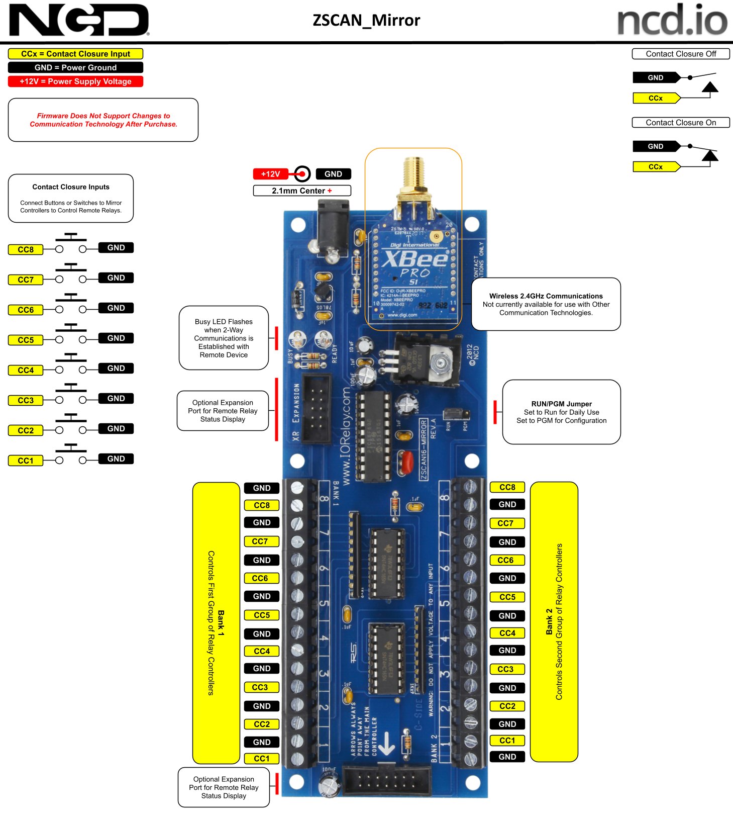 NCD MIRMR8x_KIT - 무선 접점 폐쇄 송신기의 단자 배치 구성도
