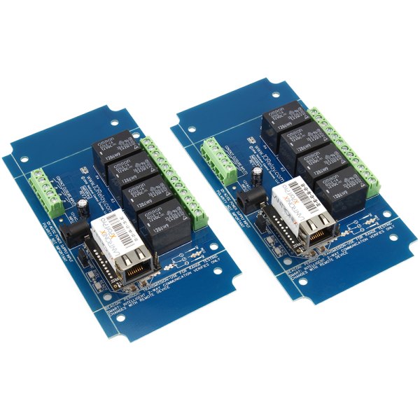 NCD MirXR4x_MXNET_KIT - 4개 릴레이와 이더넷 포트가 보이는 파란색 기판