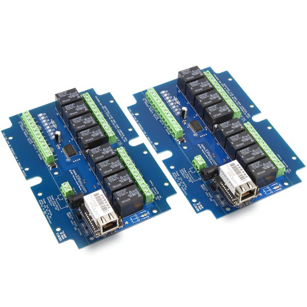 NCD MirXR8x_MXNET_KIT - 8개 릴레이와 이더넷 포트가 보이는 파란색 기판