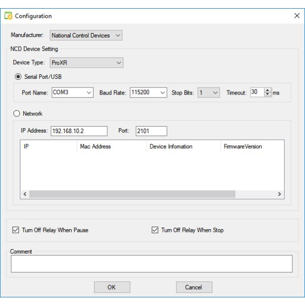 NCD QUICKTIMER_R8X - 장치 종류와 포트를 설정하는 구성 창 화면