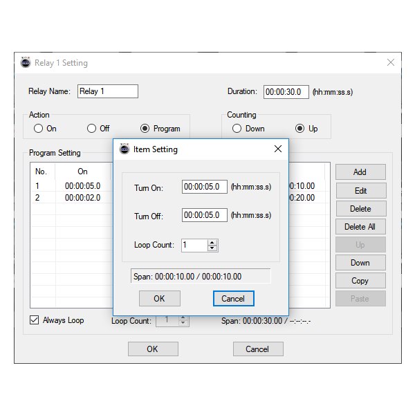 NCD QUICKTIMER_R8X - 릴레이 동작 시간을 설정하는 프로그램 창 화면