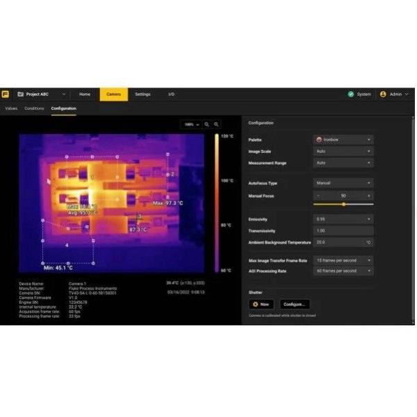 FLUKE PROCESS INSTRUMENTS TV30 - 열화상 이미지와 설정 메뉴가 있는 웹 화면