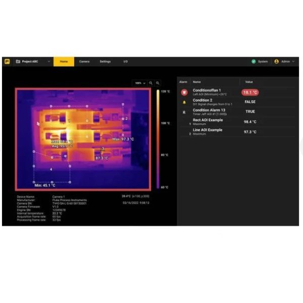 FLUKE PROCESS INSTRUMENTS TV30 - 열화상 이미지와 알람 조건이 표시된 웹 화면