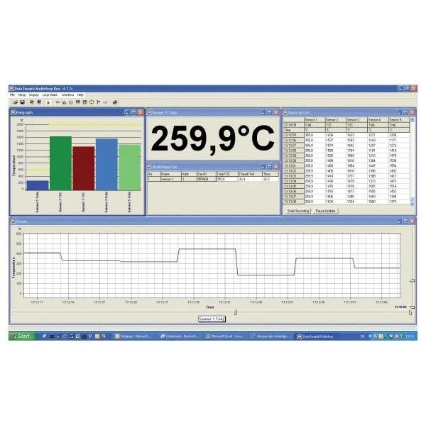 FLUKE PROCESS INSTRUMENTS Raytek Compact MI3 - 온도 값과 그래프, 데이터 표가 있는 PC 프로그램 화면