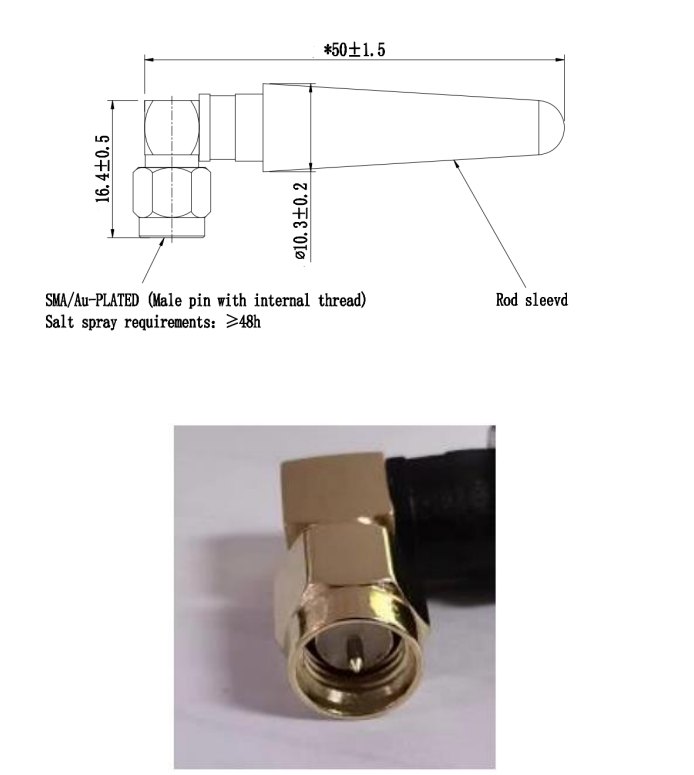 QUECTEL YEGT001BA - SMA 커넥터 안테나 도면과 커넥터 확대 사진