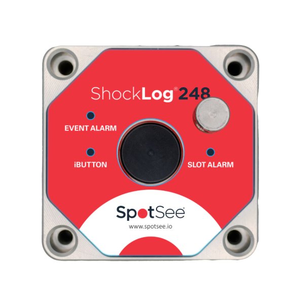 SpotSee ShockLog 248 - 버튼과 알람 표시가 있는 빨간색 충격 데이터로거 전면