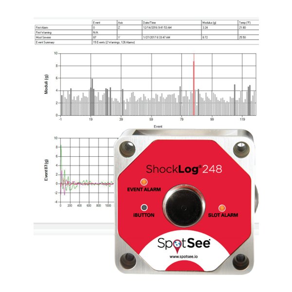 SpotSee ShockLog 248 - 충격 이벤트 그래프와 함께 보이는 데이터로거 본체