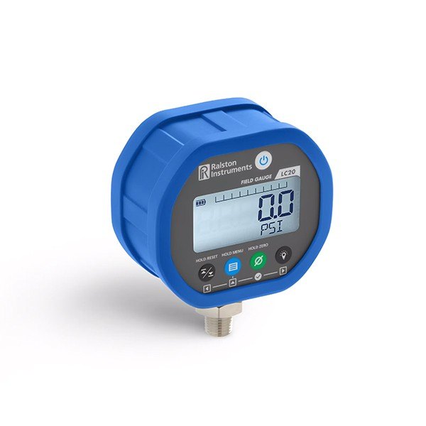 RALSTON INSTRUMENTS D-002601-AR - 표시창과 버튼이 보이는 파란 디지털 압력 게이지