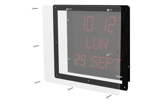 BODET Style 7 Date - 전면 보호판과 나사가 분리된 LED 시계 구성