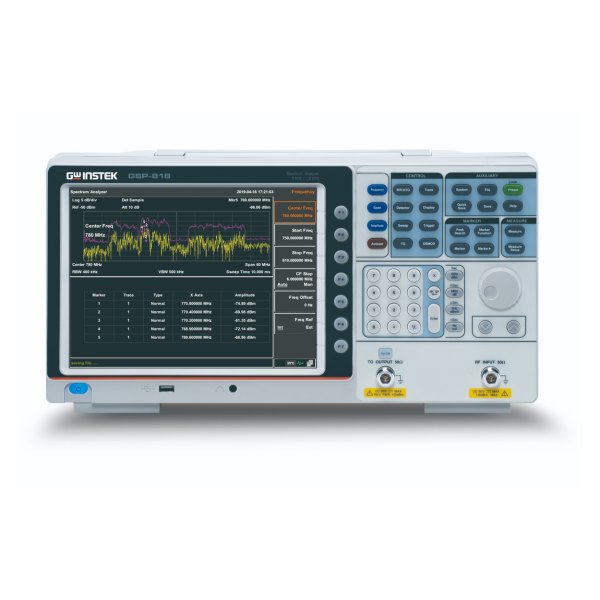 GWINSTEK GSP-818 - 스펙트럼 화면과 키패드가 있는 분석기 정면