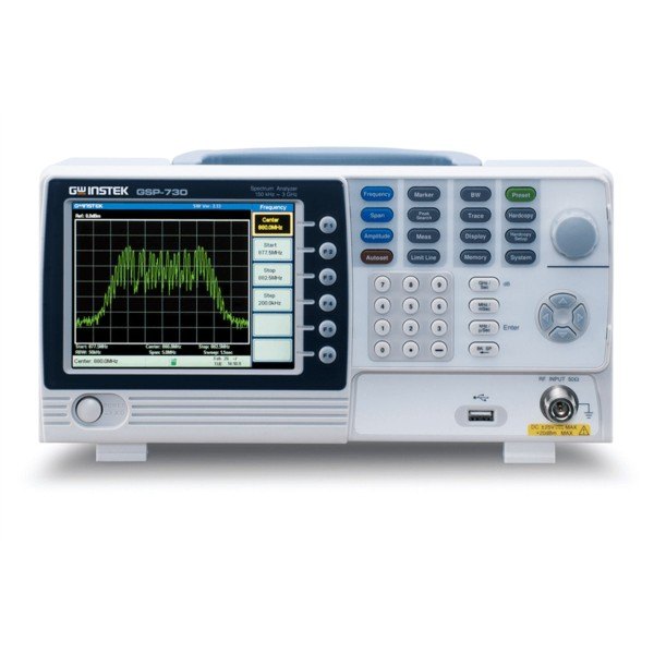 GWINSTEK GSP-730 - 스펙트럼 화면과 키패드가 있는 분석기 정면