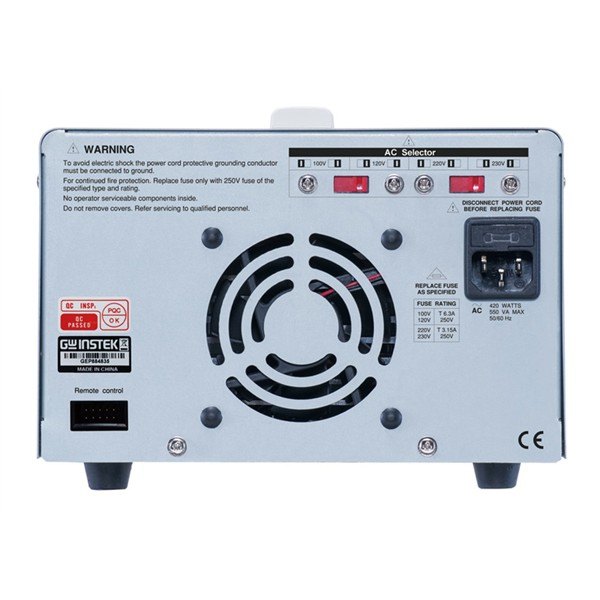 GWINSTEK GPE-x323 - 냉각 팬과 전원 입력부가 있는 전원공급기 후면