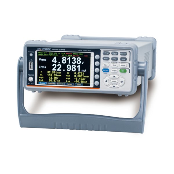 GWINSTEK GPM-8310 - 컬러 측정 화면과 키패드, 손잡이가 있는 파워미터 사선 모습