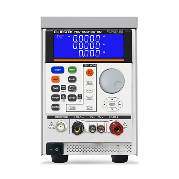 GWINSTEK PEL-500 - LCD 표시창과 다이얼, 단자가 보이는 전자부하 정면